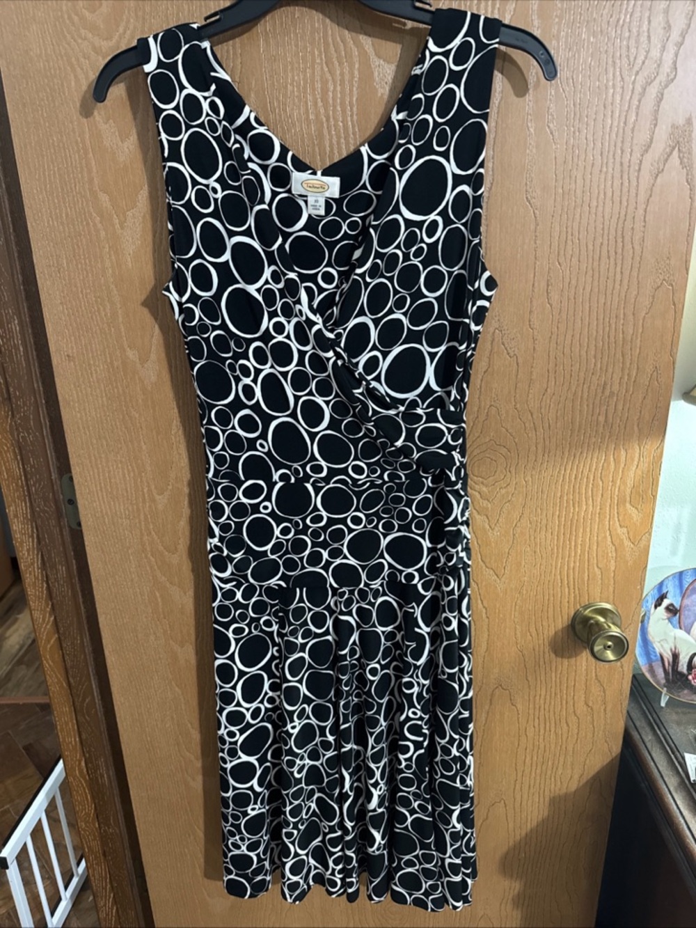 Talbots Black White Circle Print Sleeveless Drop Waist Faux Wrap Dress Size 10